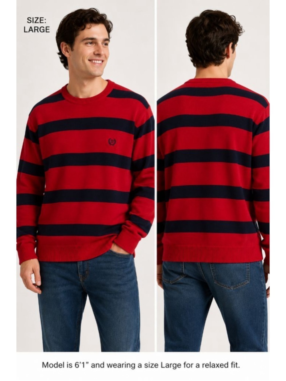 Chaps Ralph Lauren Kent Sweater Men's Large NWT 100% Cotton Red Stripe Crewneck